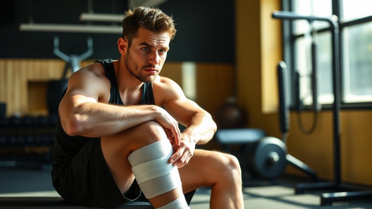 Sportif en rééducation assis dans une salle de sport avec un bandage au genou, illustrant le retour après blessure grâce à la sophrologie à Toulouse