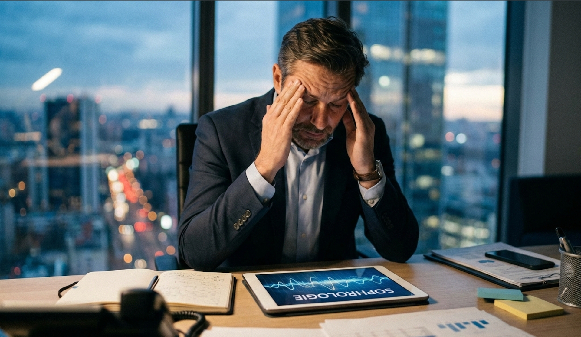 Dirigeant entrepreneur en situation de stress et charge mentale au bureau - Sophrologie performance entrepreneuriale, gestion stress dirigeant et prévention burn-out à Toulouse par iBtiSophrologie