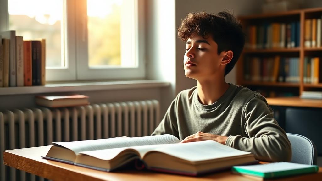 Étudiant pratiquant la respiration consciente avant ses révisions pour optimiser sa mémorisation - Sophrologie mémoire examens stress Toulouse par iBtiSophrologie