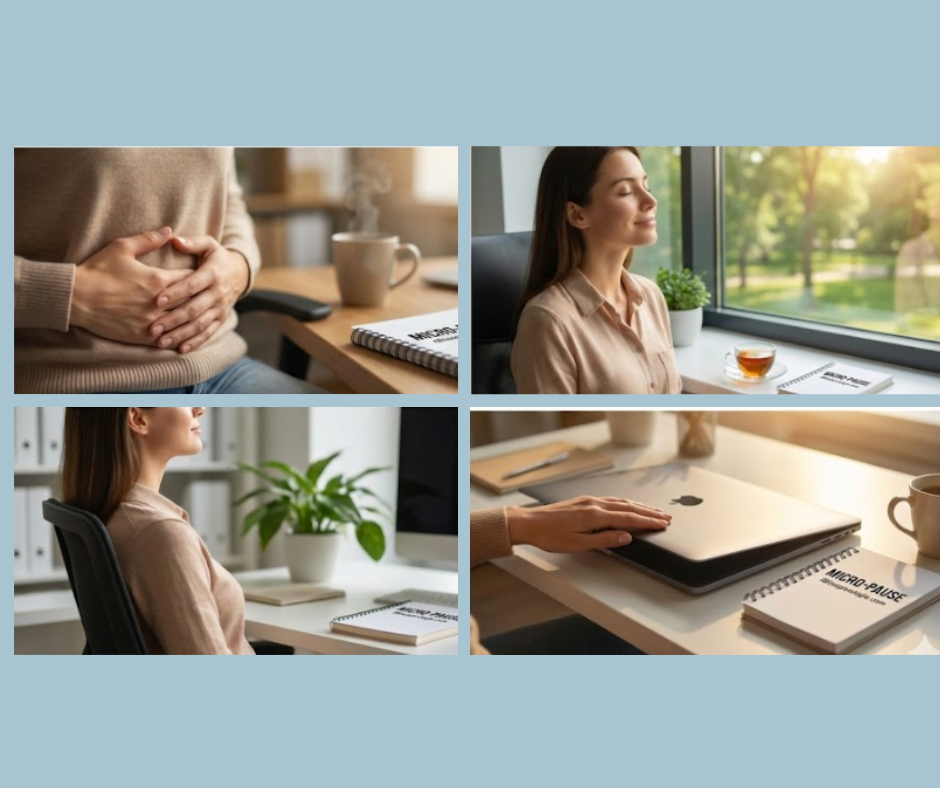 Illustration de l'article L'art de la Micro-Pause : 5 minutes de sophro pour désamorcer une journée de surmenage - sophrologie et gestion du stress pour pr