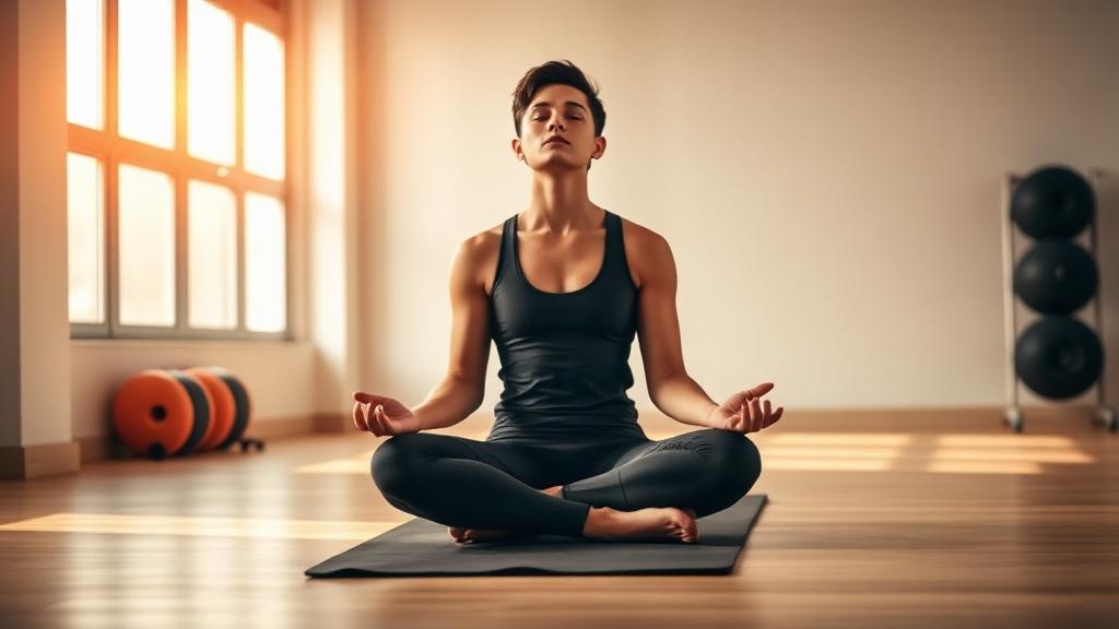Athlète pratiquant un body scan sophrologique sur un tapis après l'entraînement pour une récupération sportive complète - Sophrologie récupération sport prévention blessure Toulouse par iBtiSophrologie