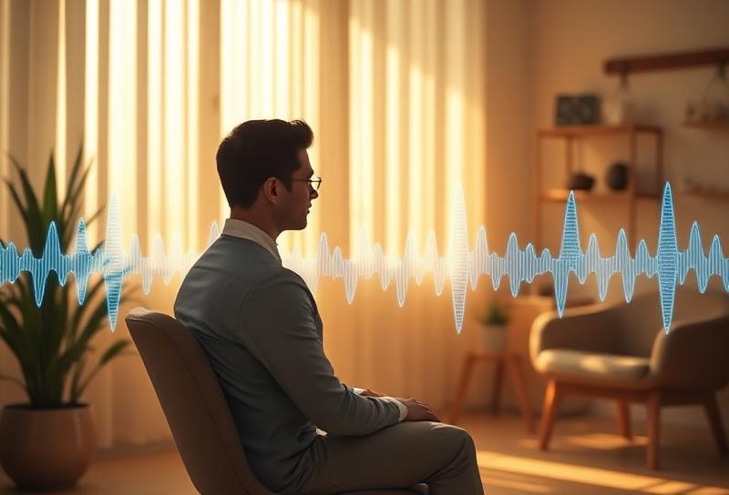 Personne assise calmement en séance de sophrologie avec visualisation d'ondes cérébrales alpha - Sophrologie danger limites sécurité scientifique Toulouse par iBtiSophrologie
