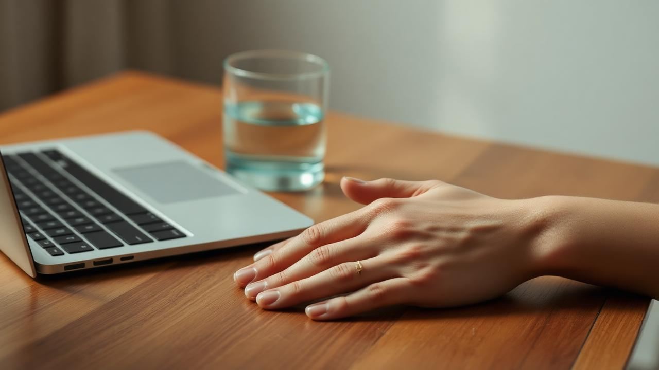 Mains posées sur un bureau près d'un ordinateur fermé, concentration sous pression - iBtiSophrologie Toulouse