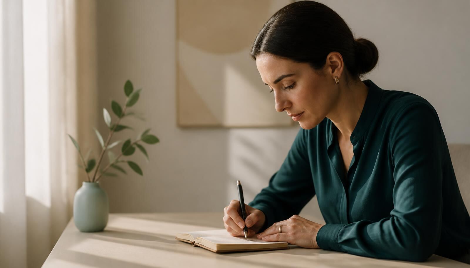 Femme concentrée écrivant à un bureau épuré dans une lumière douce - entraîner le focus sous pression avec la sophrologie