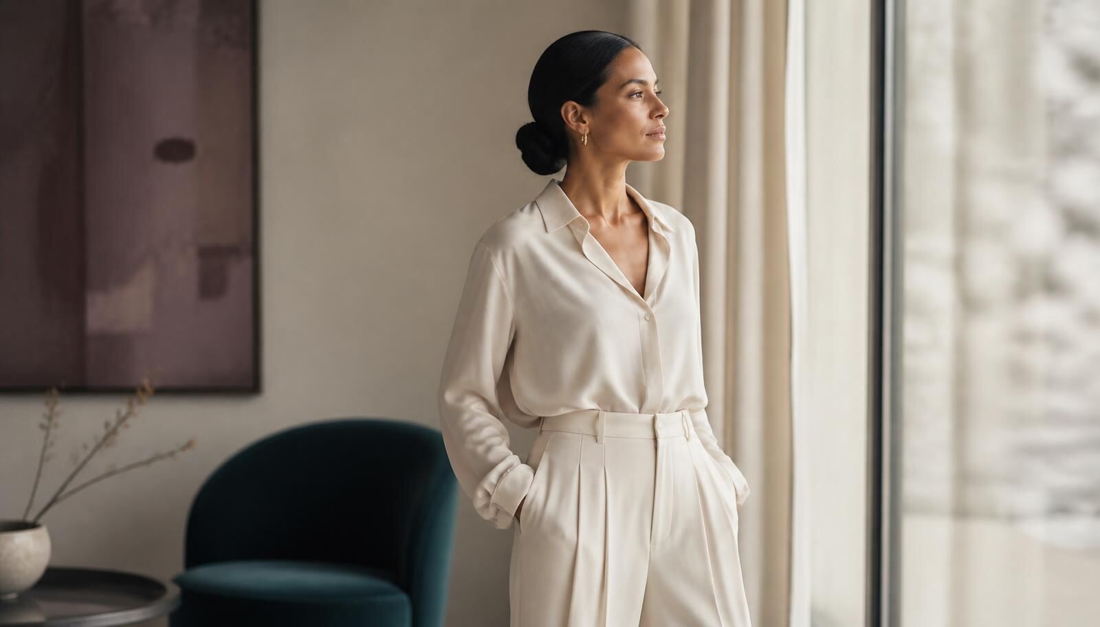 Femme debout posture ancrée regardant vers la lumière - confiance en soi entraînée par la sophrologie