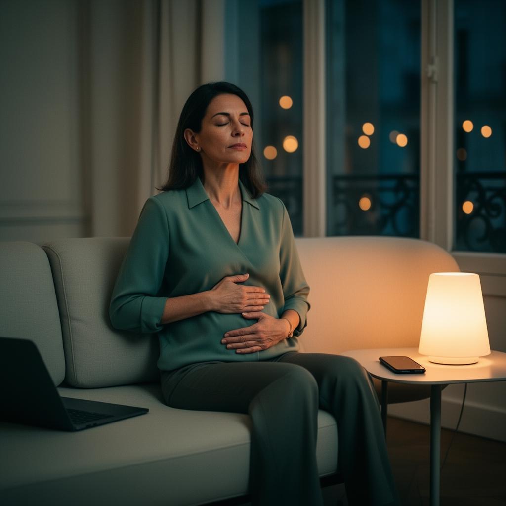 Femme cadre pratiquant la respiration abdominale le soir dans un salon tamisé pour déconnecter du travail