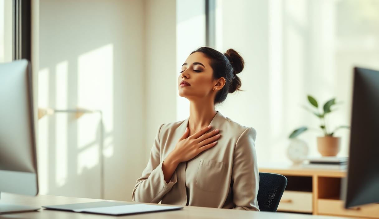 Professionnelle pratiquant un exercice de respiration au bureau pour faire baisser le stress, accompagnement iBtiSophrologie à Toulouse