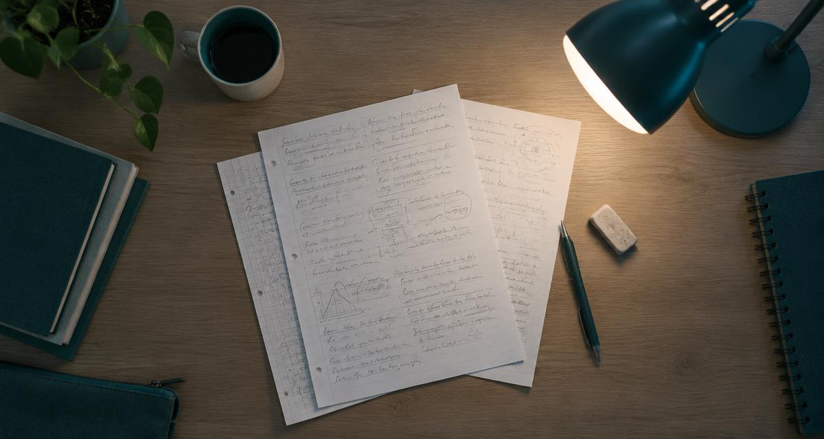 Bureau d'étudiant avec feuilles annotées, gomme et lampe allumée - iBtiSophrologie Toulouse