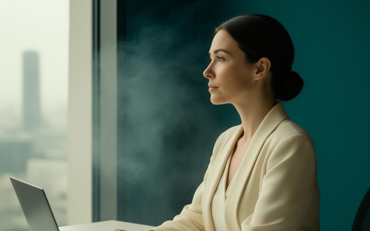 Femme pensive devant un ordinateur, illustration de la rumination mentale diurne