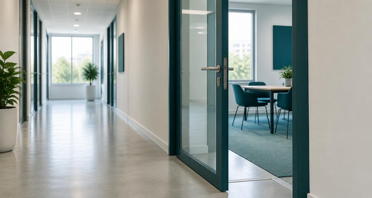 Couloir de bureau calme et porte vitrée entrouverte entre deux réunions - iBtiSophrologie Toulouse