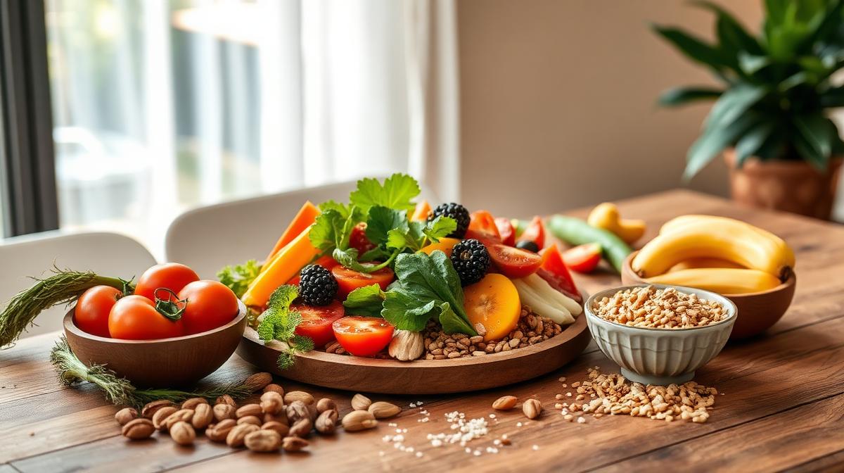 Assiette équilibrée avec légumes frais, fruits et céréales sur une table en bois - nutrition et performance mentale