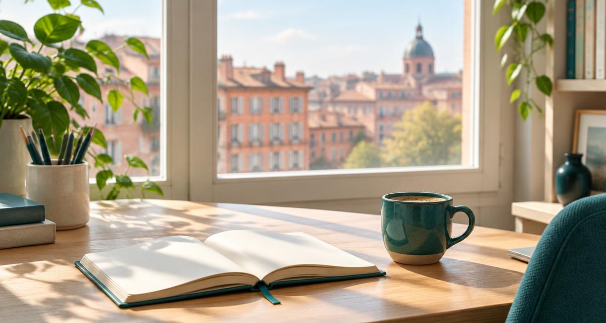Bureau lumineux avec carnet ouvert face aux briques roses de Toulouse - iBtiSophrologie Toulouse