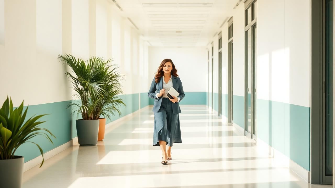 Femme avançant sereinement dans un couloir lumineux, rentrée et préparation mentale - iBtiSophrologie Toulouse