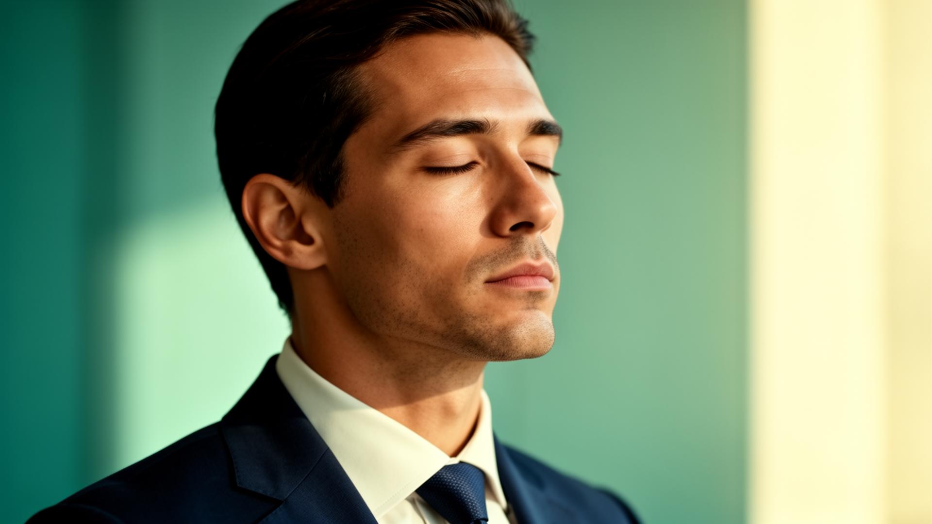 Visualisation mentale et performance : dirigeant en préparation mentale, yeux fermés, ancrant un état de calme sous pression — accompagnement iBtiSophrologie à Toulouse